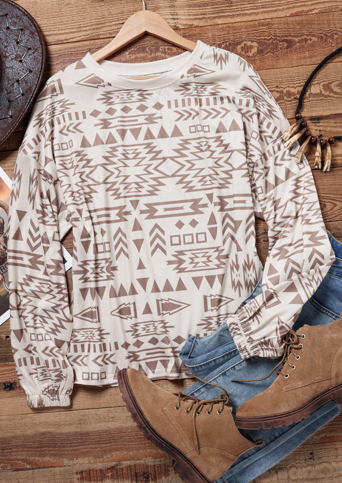 

Blouses Aztec Geometric Long Sleeve O-Neck Blouse in Apricot. Size