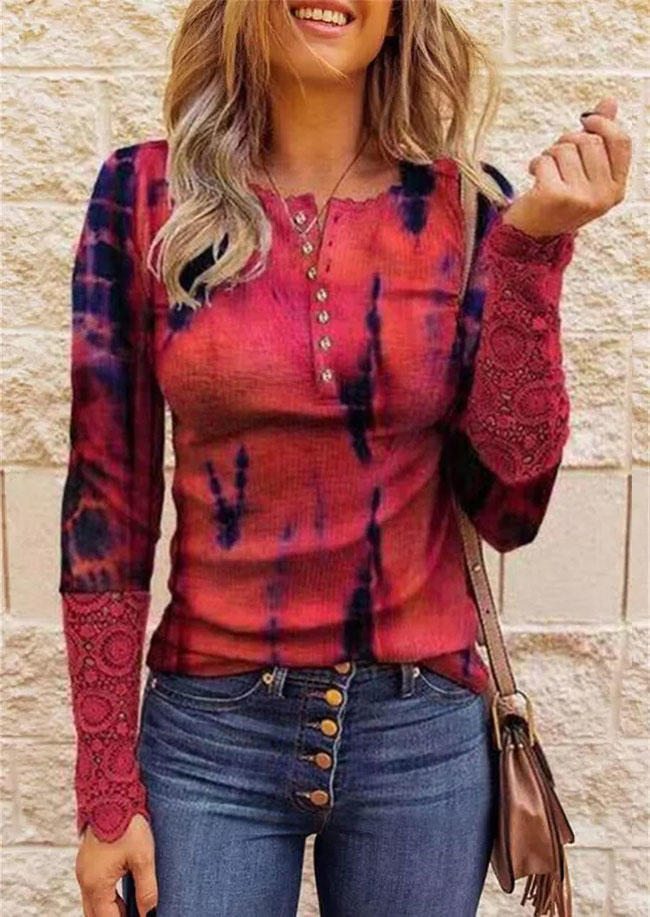 Blouses Tie Dye Lace Splicing Button Long Sleeve Blouse in Red. Size: L,M,S,XL