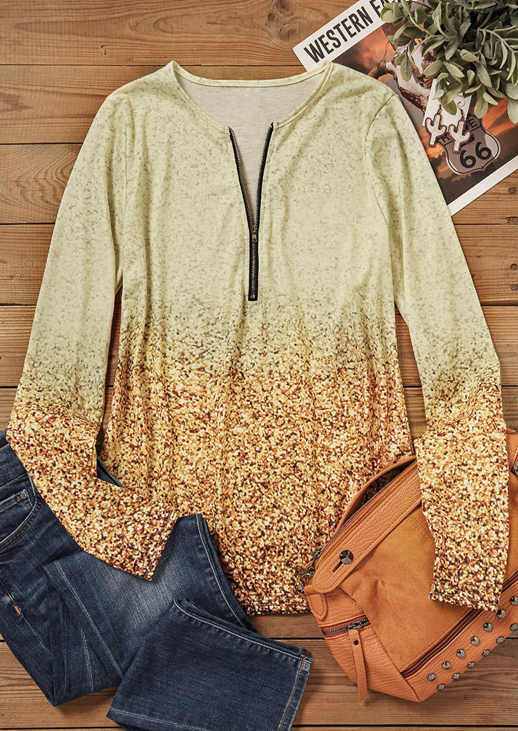 

Blouses Glitter Gradient Zipper Collar Blouse in Gold. Size: L