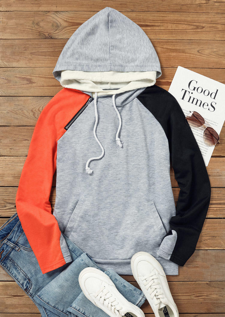 

Hoodies Color Block Zipper Thumbhole Kangaroo Pocket Hoodie in Gray. Size