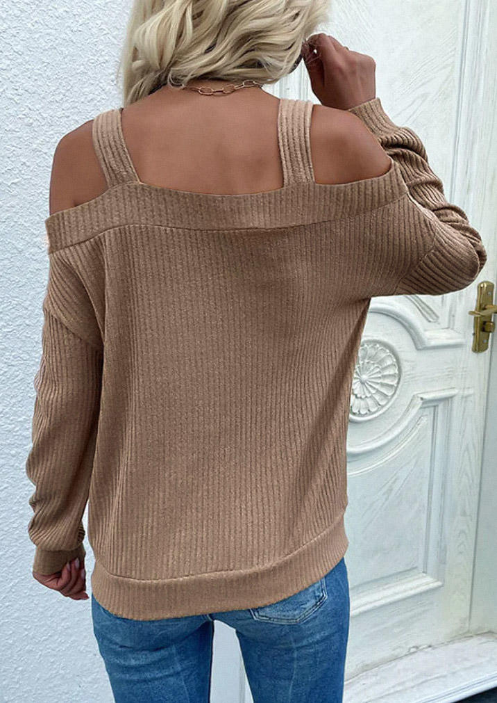 Cold Shoulder Long Sleeve Blouse - Brown