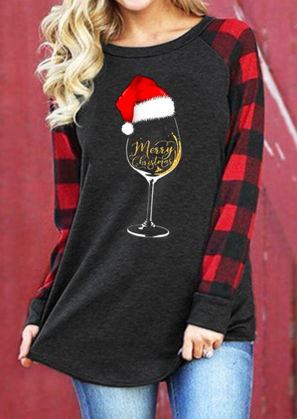 Merry Christmas Wine Glass Plaid T-Shirt Tee - Dark Grey