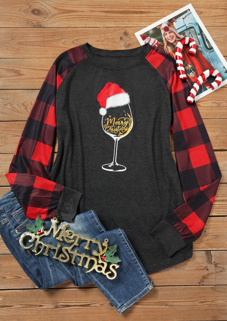 T-shirts Tees Merry Christmas Wine Glass Plaid T-Shirt Tee - Dark Grey in Gray. Size: L,M,S