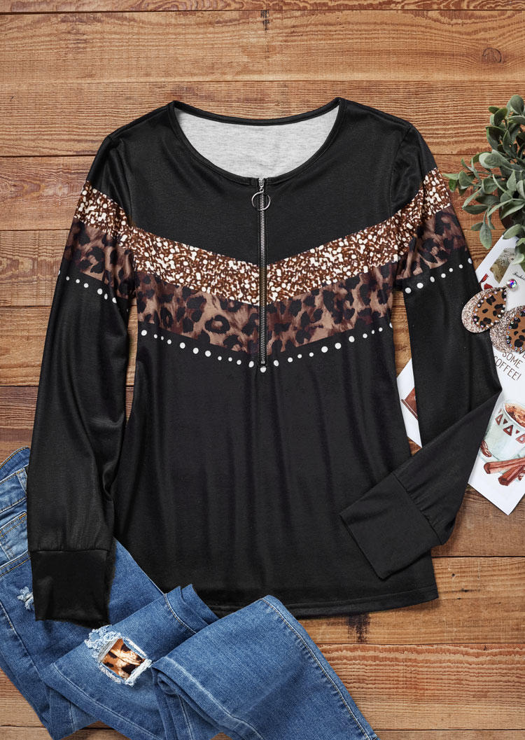 

Blouses Leopard Glitter Zipper Long Sleeve Blouse in Black. Size
