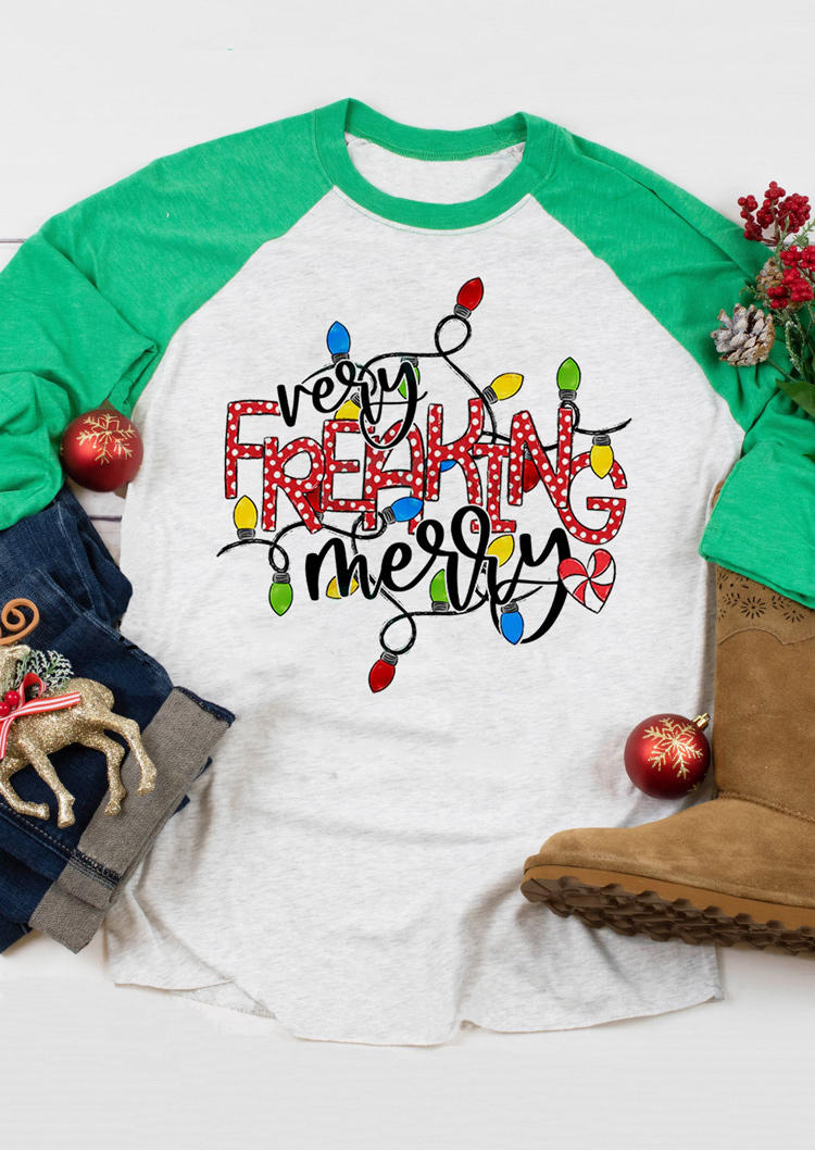 T-shirts Tees Christmas Very Freaking Merry Lantern T-Shirt Tee - Light Green in Green. Size: L,M,S,XL