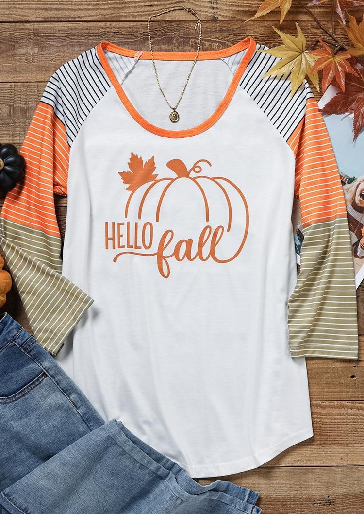 

T-shirts Tees Hello Fall Pumpkin Maple Leaf Striped T-Shirt Tee in White. Size: M