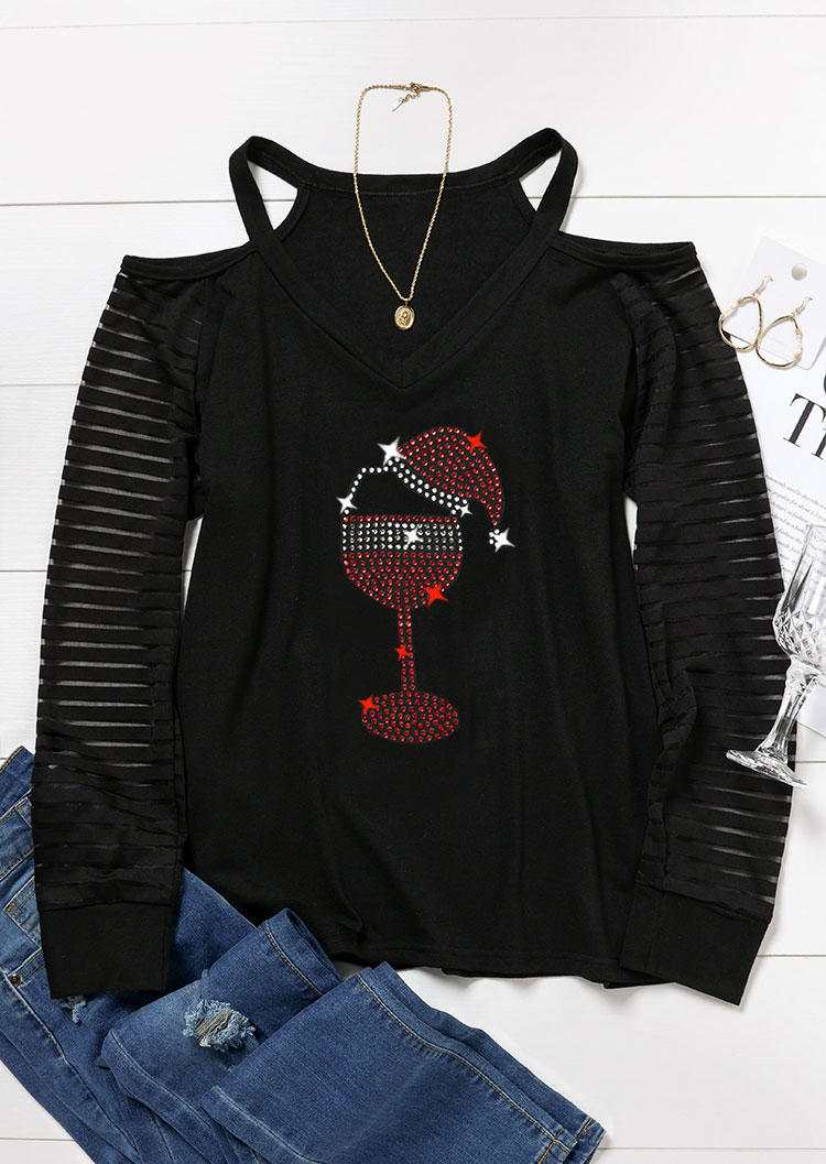 

Blouses Christmas Striped Hat Wine Glass Rhinestone Blouse in Black. Size