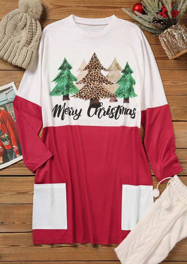 

Mini Dresses Merry Christmas Leopard Tree Pocket Mini Dress in Red. Size