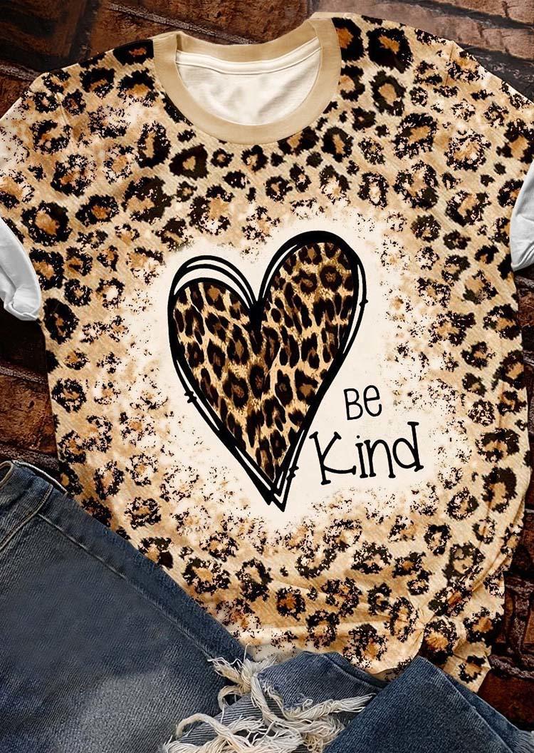 T-shirts Tees Be Kind Heart Leopard O-Neck T-Shirt Tee in Multicolor. Size: M,S,XL
