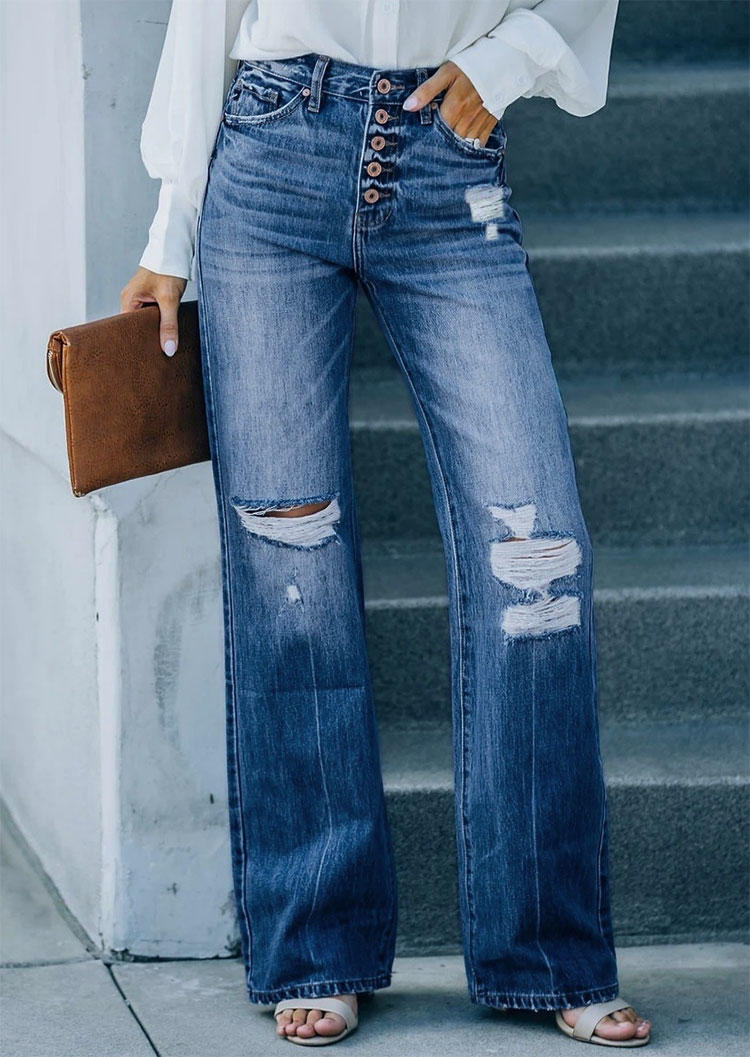 

Pants Button Ripped Hole Denim Flare Pants in Blue. Size