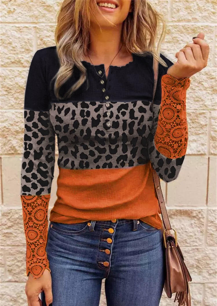 

Blouses Leopard Color Block Button Lace Splicing Blouse in Orange. Size