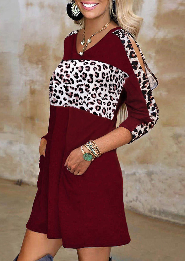Leopard Color Block Cold Shoulder Mini Dress