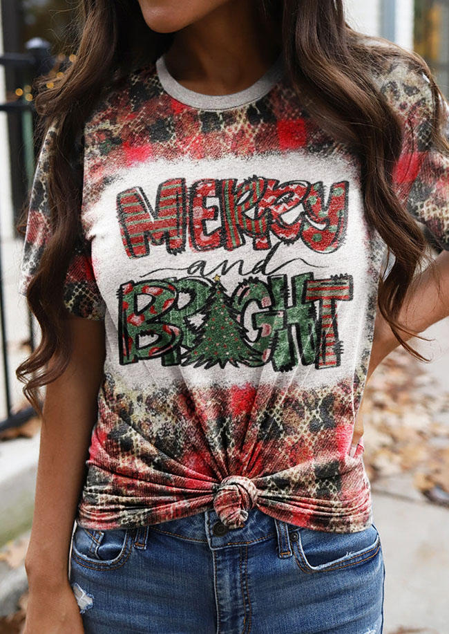 Christmas Merry And Bright Leopard Plaid Striped Tree Bleached T-Shirt Tee