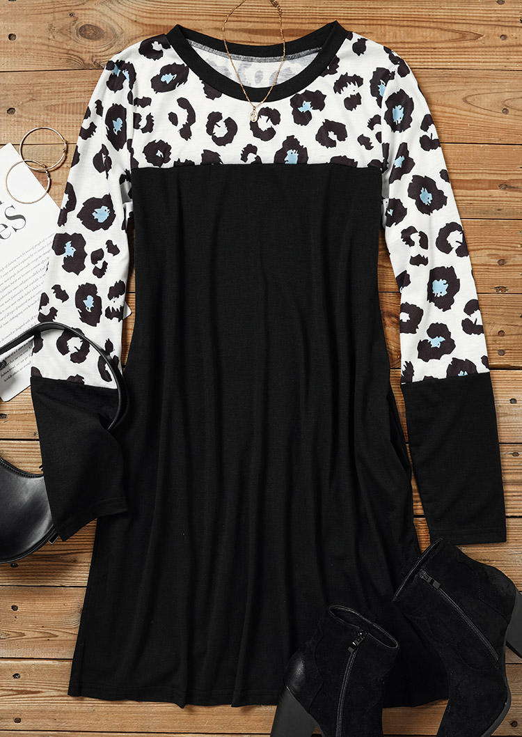 Mini Dresses Leopard Pocket Long Sleeve Mini Dress in Black. Size: M,XL