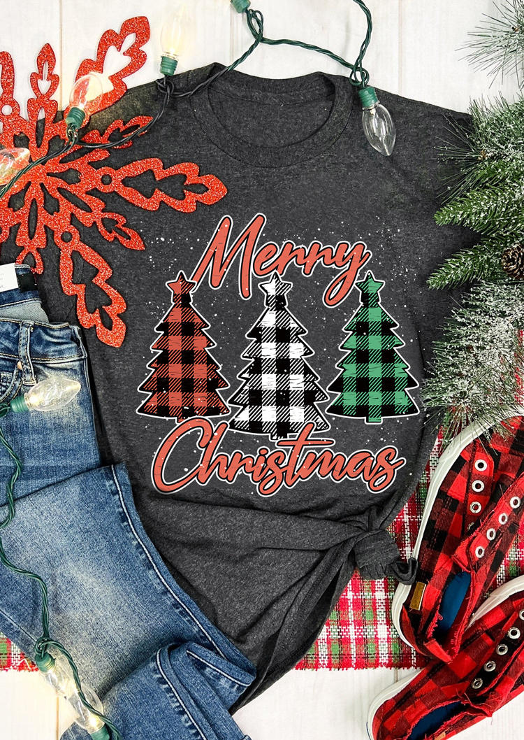 

T-shirts Tees Merry Christmas Plaid Tree T-Shirt Tee - Dark Grey in Gray. Size