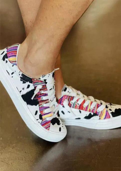 Serape Striped Cow Lace Up Round Toe Flat Sneakers - White
