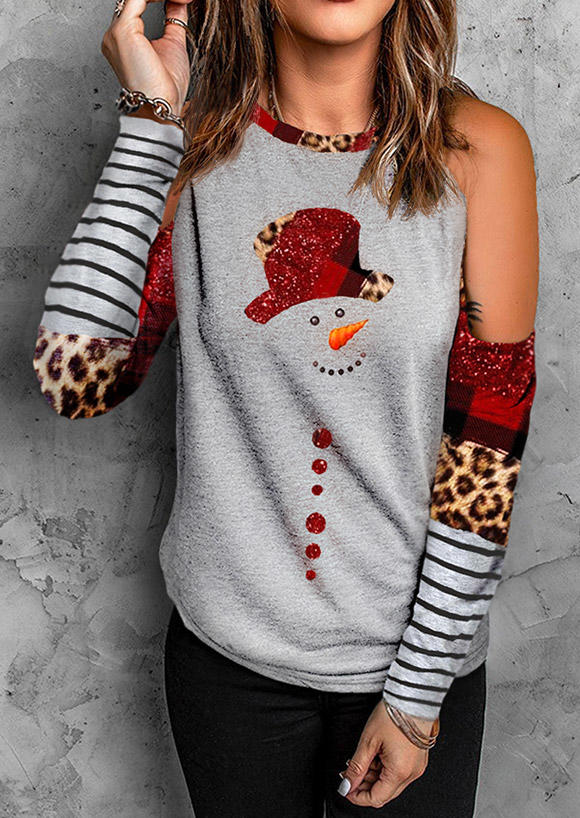 Christmas Snowman Striped Leopard Blouse - Gray