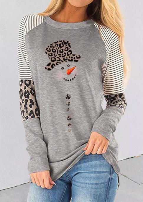 Christmas Snowman Striped Leopard T-Shirt Tee - Gray