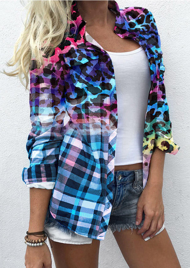 

Shirts Gradient Leopard Plaid Pocket Turn-Down Collar Shirt in Multicolor. Size