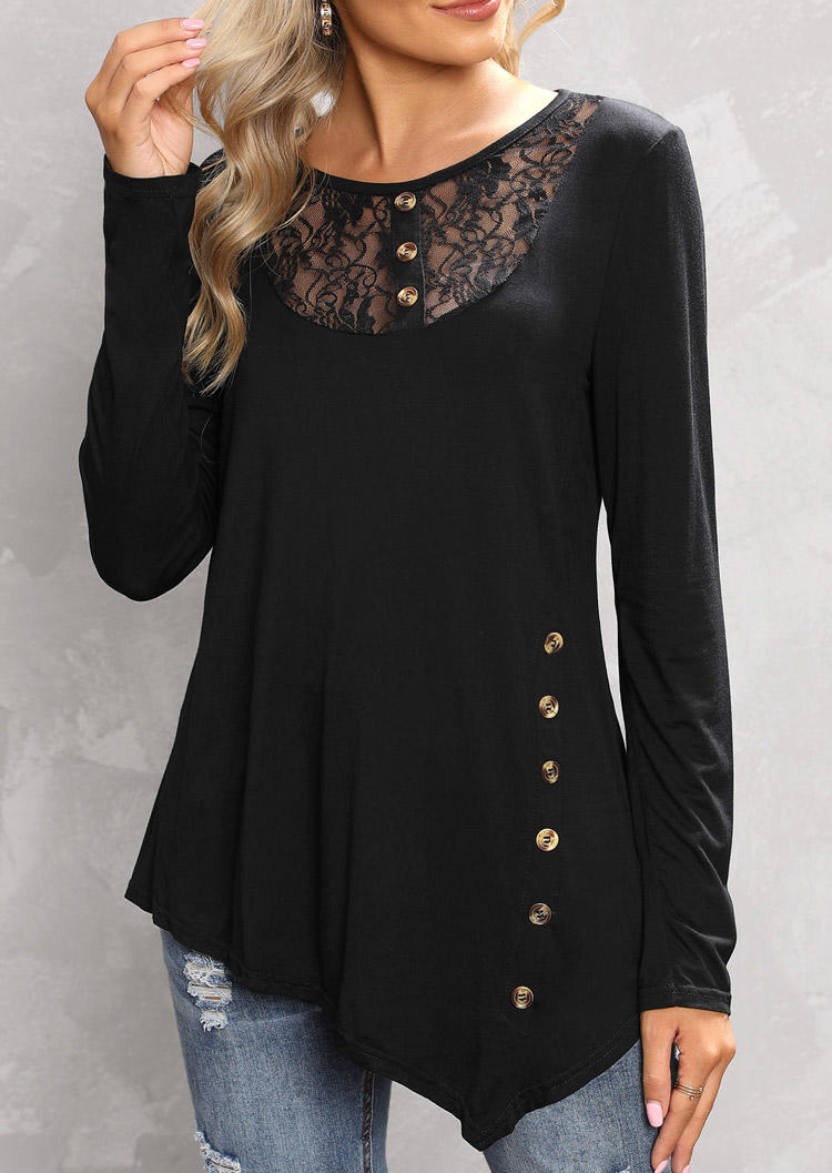 

Blouses Lace Splicing Button Long Sleeve Blouse in Black. Size