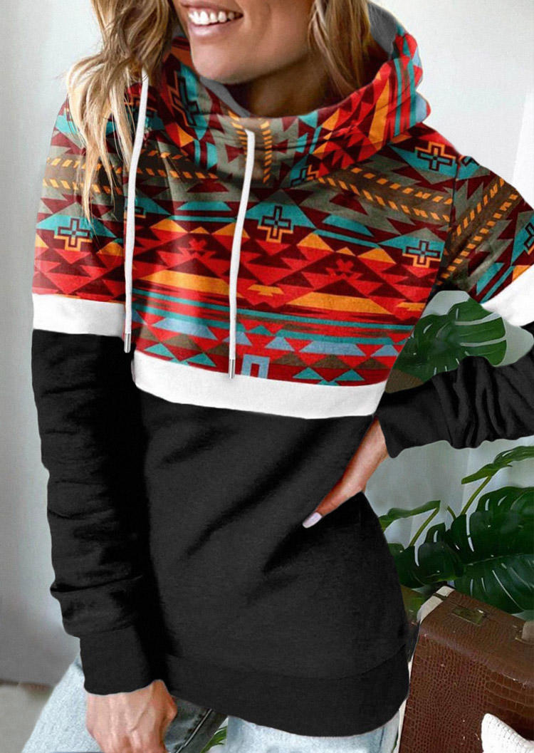 

Hoodies Aztec Geometric Color Block Drawstring Hoodie in Black. Size