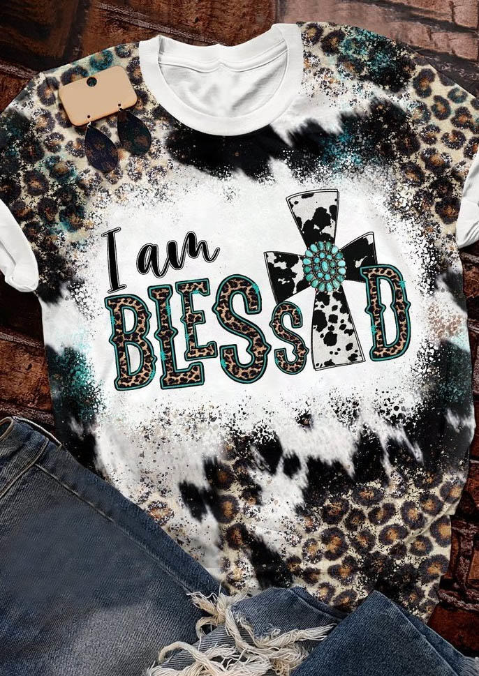 

T-shirts Tees I Am Blessed Turquoise Cross Leopard T-Shirt Tee in Multicolor. Size