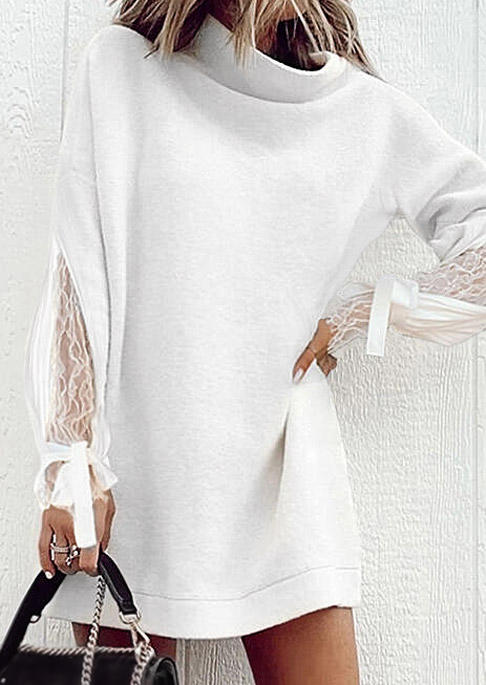 

Mini Dresses Lace Splicing Long Sleeve Turtleneck Mini Dress in White. Size
