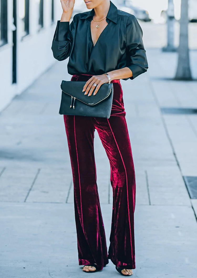 

Pants Velour High Waist Seam Flare Pants in Red. Size: L,M
