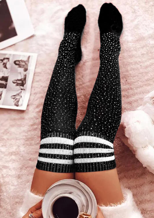 

Knee-High Socks Striped Rhinestone Warm Over Knee Extra Long Socks in Black. Size