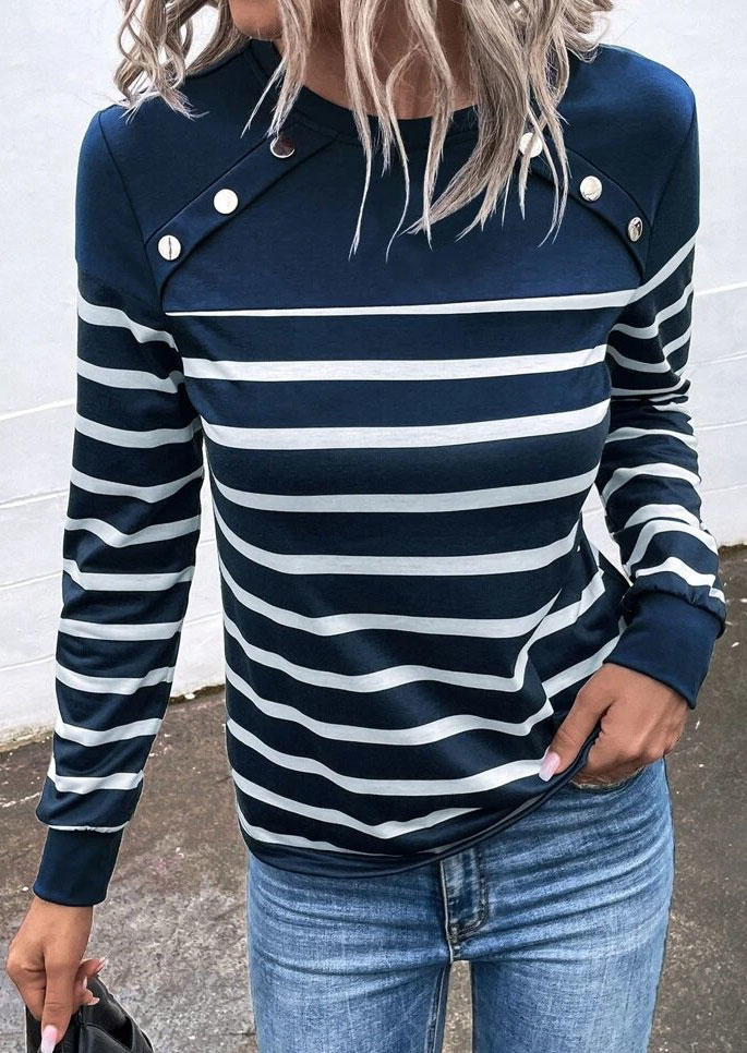 Classic Striped Snap Button Long Sleeve Blouse