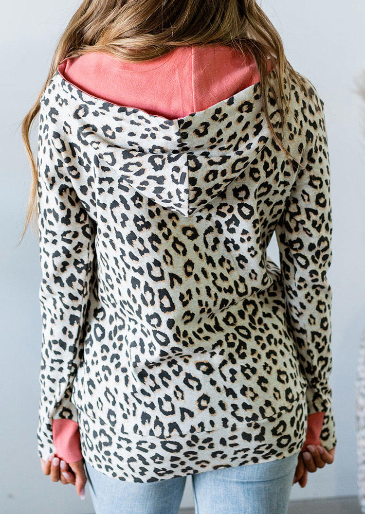 Leopard Pocket Zipper Long Sleeve Hoodie