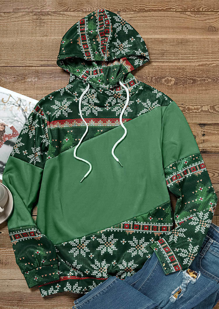 

Hoodies Christmas Tree Snowflake Drawstring Hoodie in Green. Size