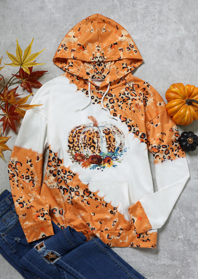 Hoodies Pumpkin Leopard Drawstring Kangaroo Pocket Hoodie in Orange. Size: L,M,S,XL