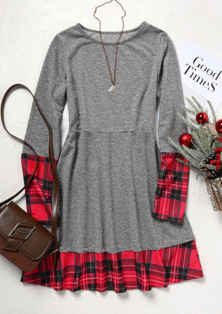 

Mini Dresses Plaid Ruffled Long Sleeve O-Neck Mini Dress in Gray. Size: L,M,,XL