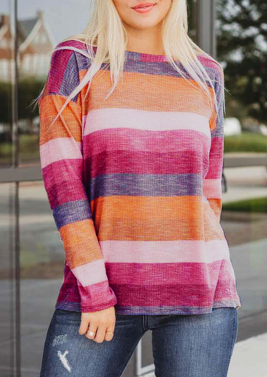 Blouses Color Block Striped Drop Shoulder O-Neck Blouse in Multicolor. Size: L,M,S,XL