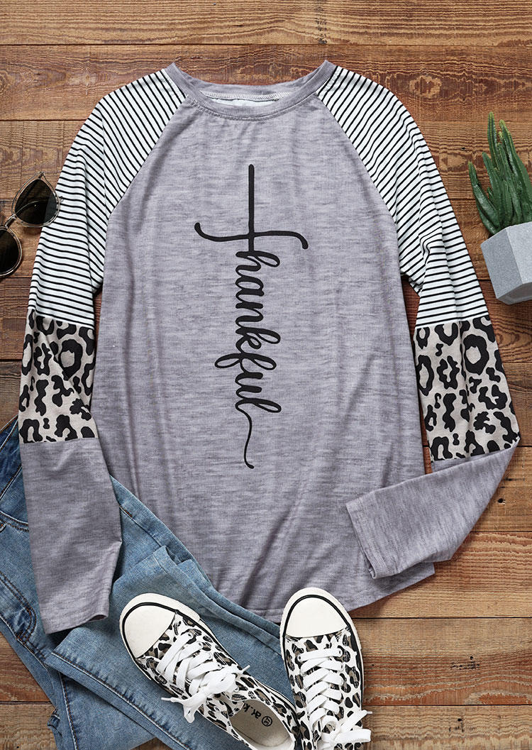 

T-shirts Tees Thankful Striped Leopard O-Neck T-Shirt Tee in Gray. Size