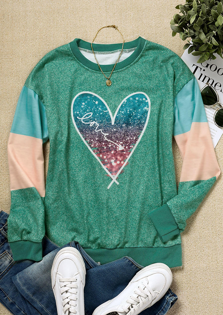 

Sweatshirts Gradient Glitter Love Heart Color Block Sweatshirt in Green. Size: L,M,,XL