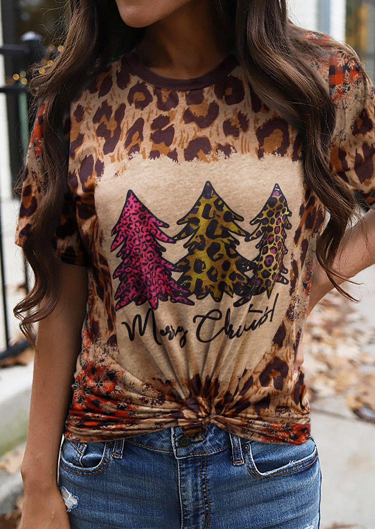 

T-shirts Tees Merry Christmas Tree Leopard Plaid Snowflake T-Shirt Tee in Multicolor. Size