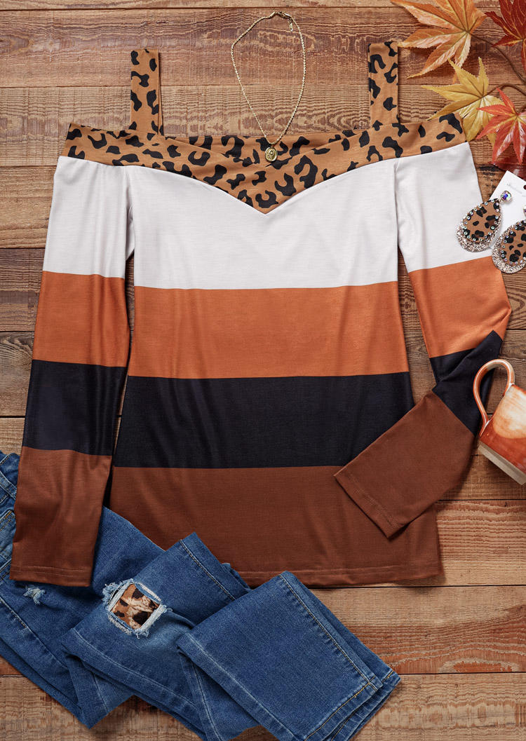 

Blouses Leopard Color Block Long Sleeve Blouse in Multicolor. Size: L,M,,XL