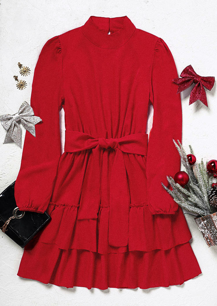 Mini Dresses Button Ruffled Long Sleeve Turtleneck Mini Dress in Red. Size: L,M
