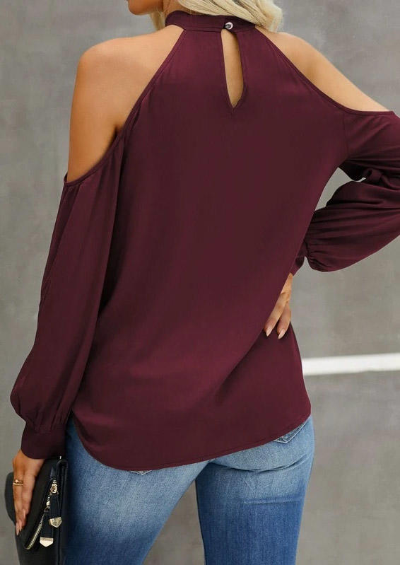 Blouses Hollow Out Button Cold Shoulder O-Neck Blouse - Burgundy in Red. Size: S