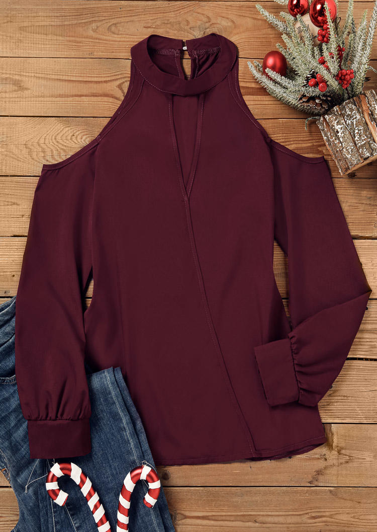 Hollow Out Button Cold Shoulder O-Neck Blouse - Burgundy