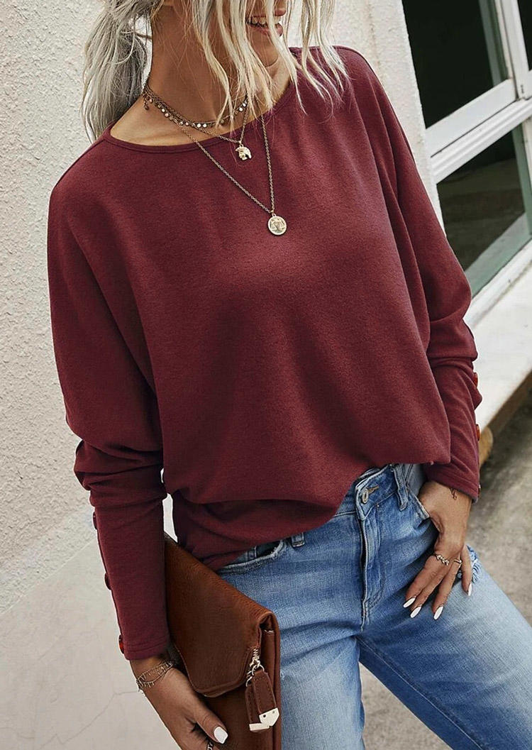 Blouses Button Long Sleeve O-Neck Blouse - Burgundy in Red. Size: M,S