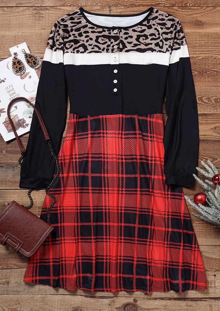 

Mini Dresses Leopard Color Block Plaid Button Mini Dress in Multicolor. Size: L,M