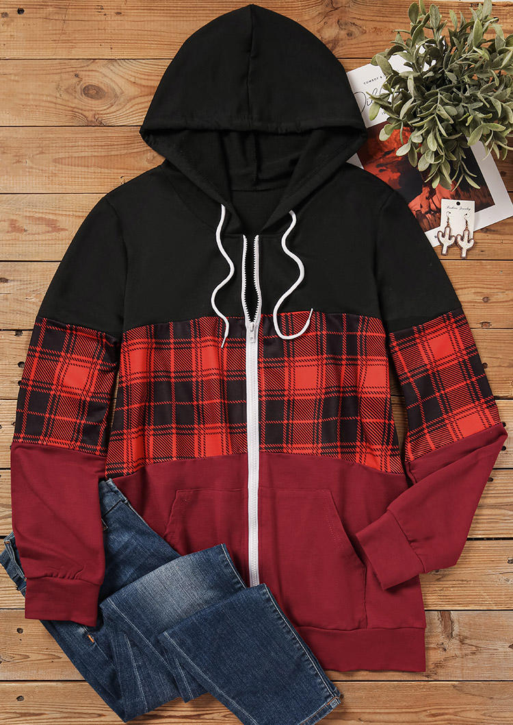 

Coats Buffalo Plaid Color Block Pocket Zipper Hooded Coat in Red. Size: L,M,,XL