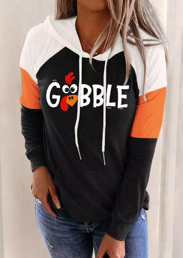 Thanksgiving Gobble Turkey Kangaroo Pocket Hoodie - Black
