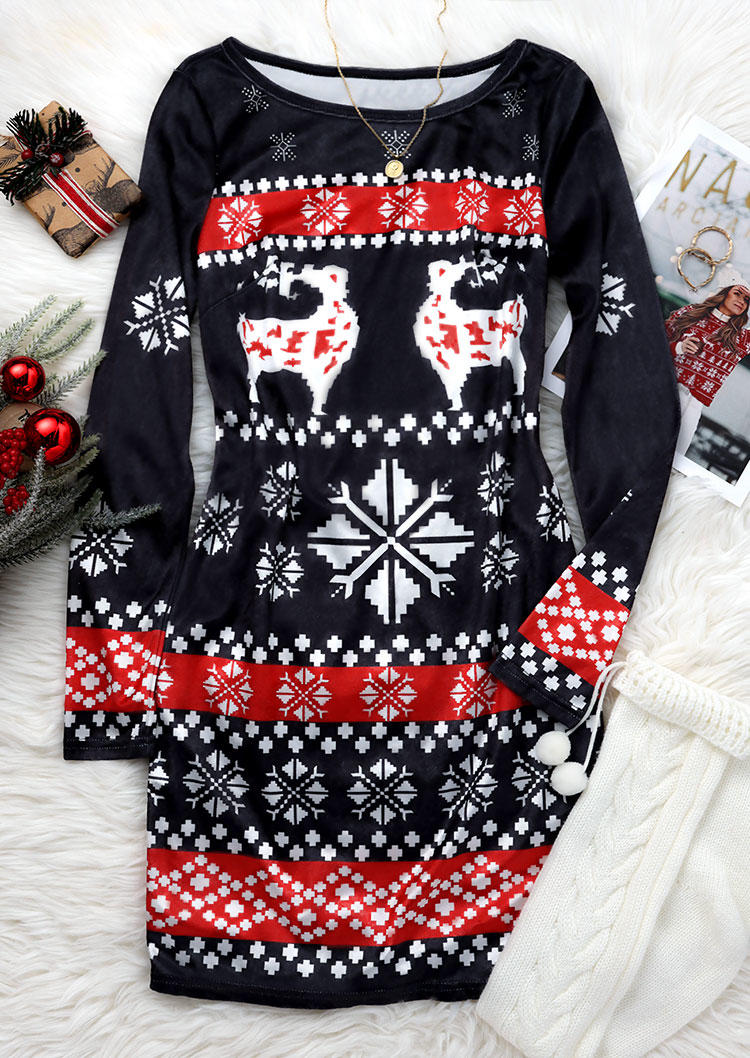 Christmas Reindeer Snowflake Long Sleeve Mini Dress - Black