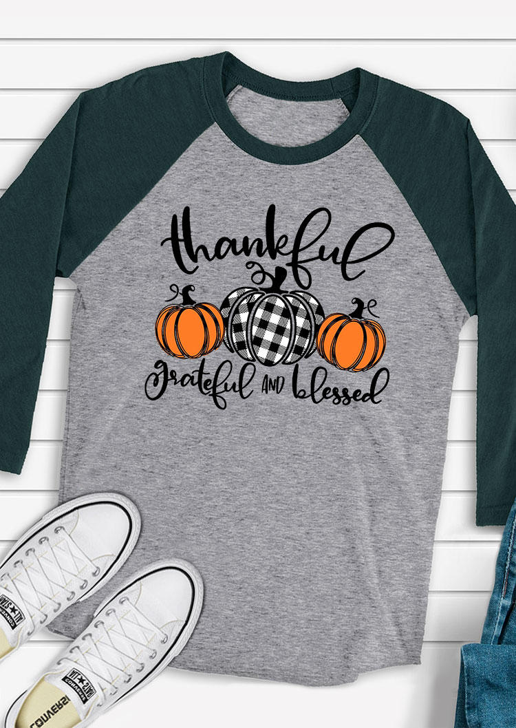 Thankful Grateful And Blessed Pumpkin Plaid O-Neck T-Shirt Tee - Gray