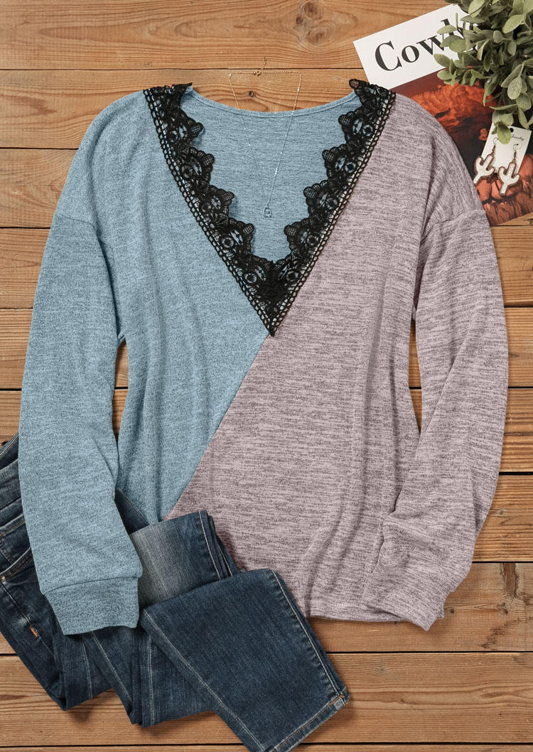 

Blouses Lace Splicing Color Block Long Sleeve Blouse in Multicolor. Size: L,M