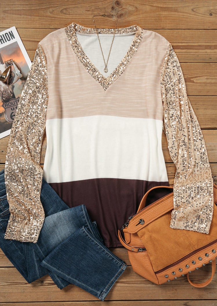 

Blouses Sequined Color Block Long Sleeve Blouse in Multicolor. Size